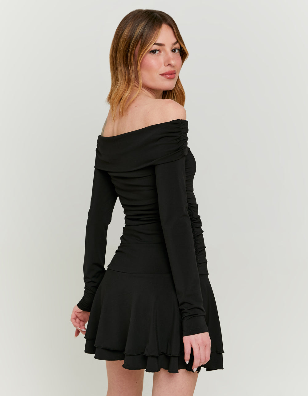 Ladies Black Off-Shoulder Mini Dress-Model Back View
