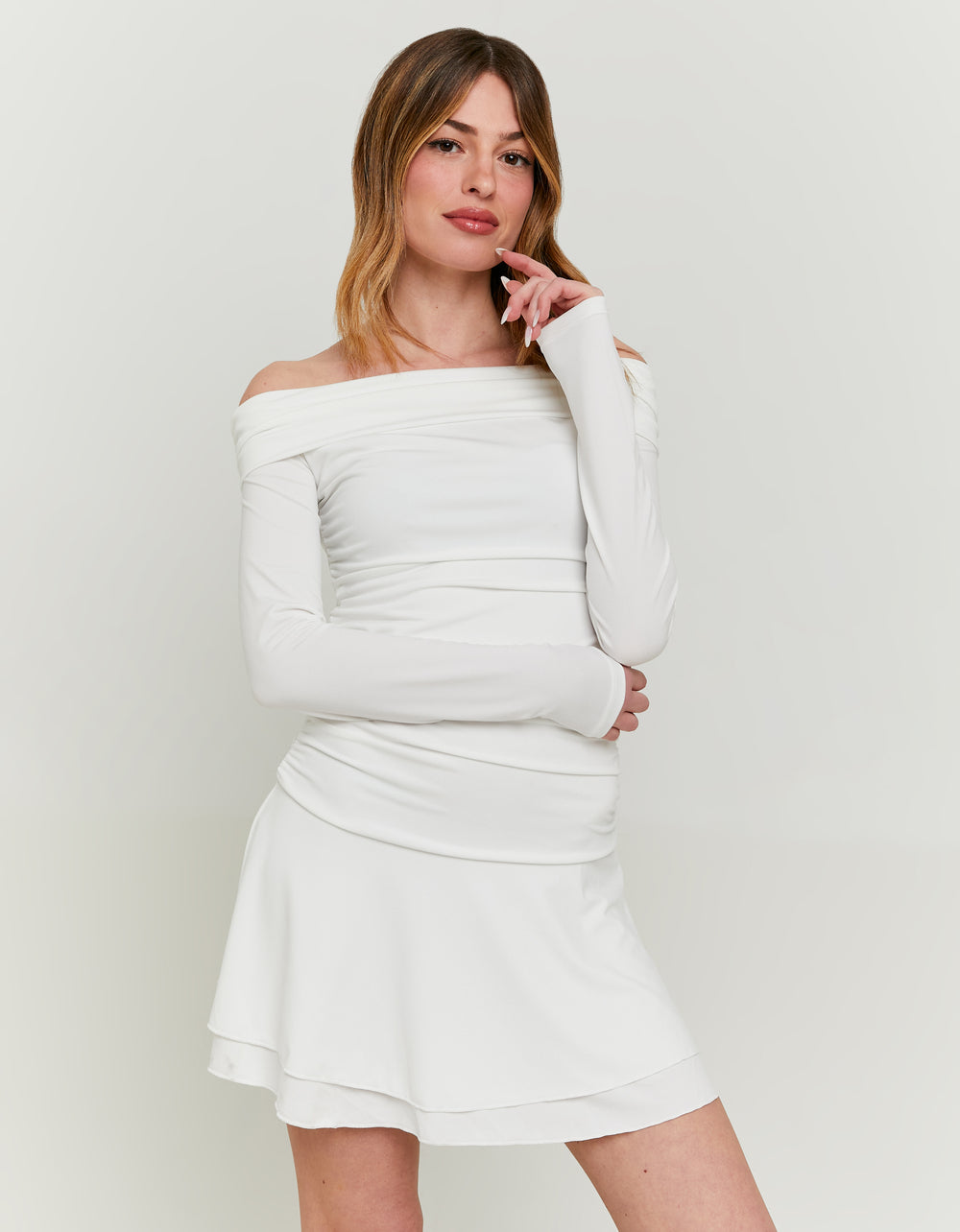 Ladies White Off-Shoulder Mini Dress-Model Front View