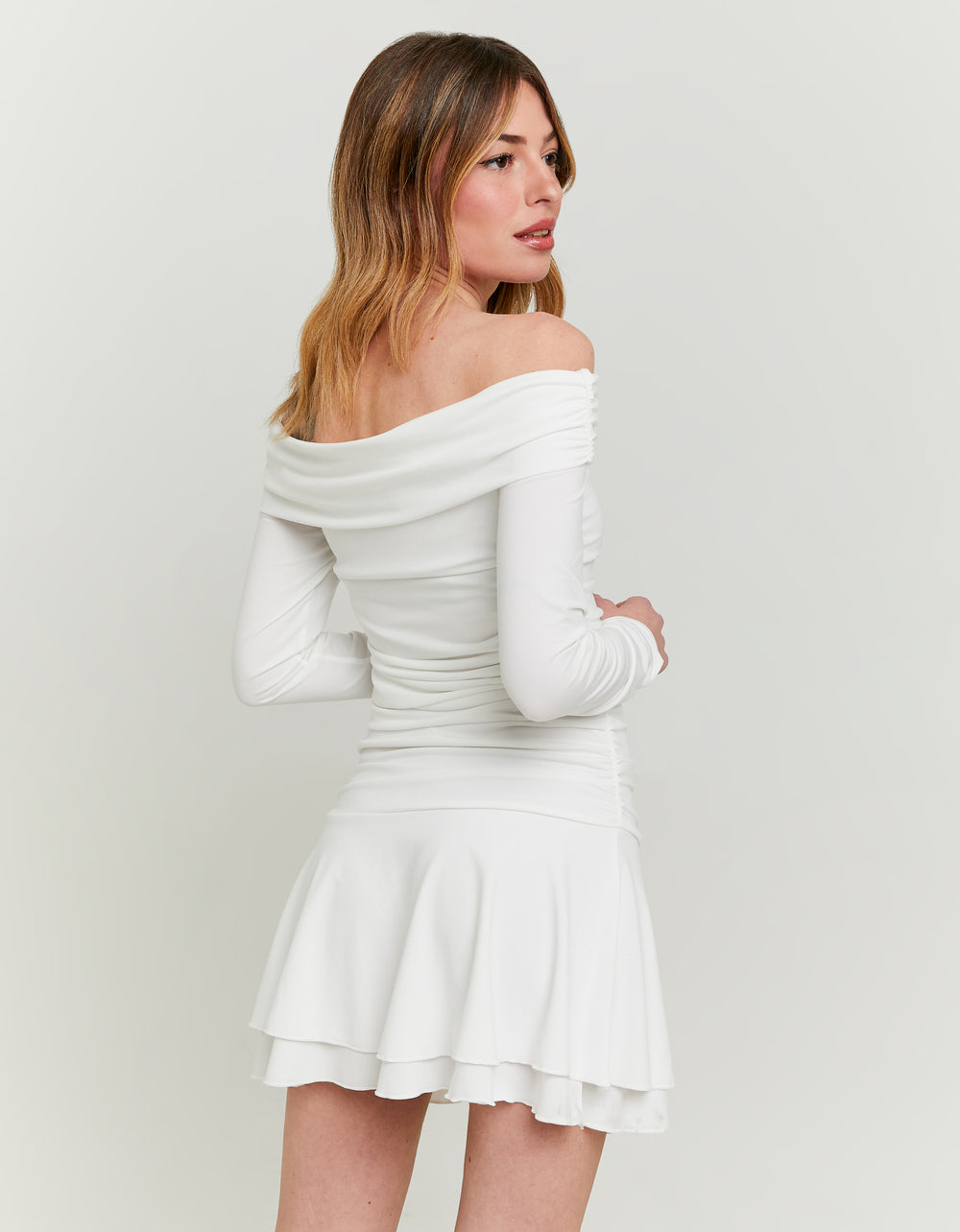 Ladies White Off-Shoulder Mini Dress-Model Back View
