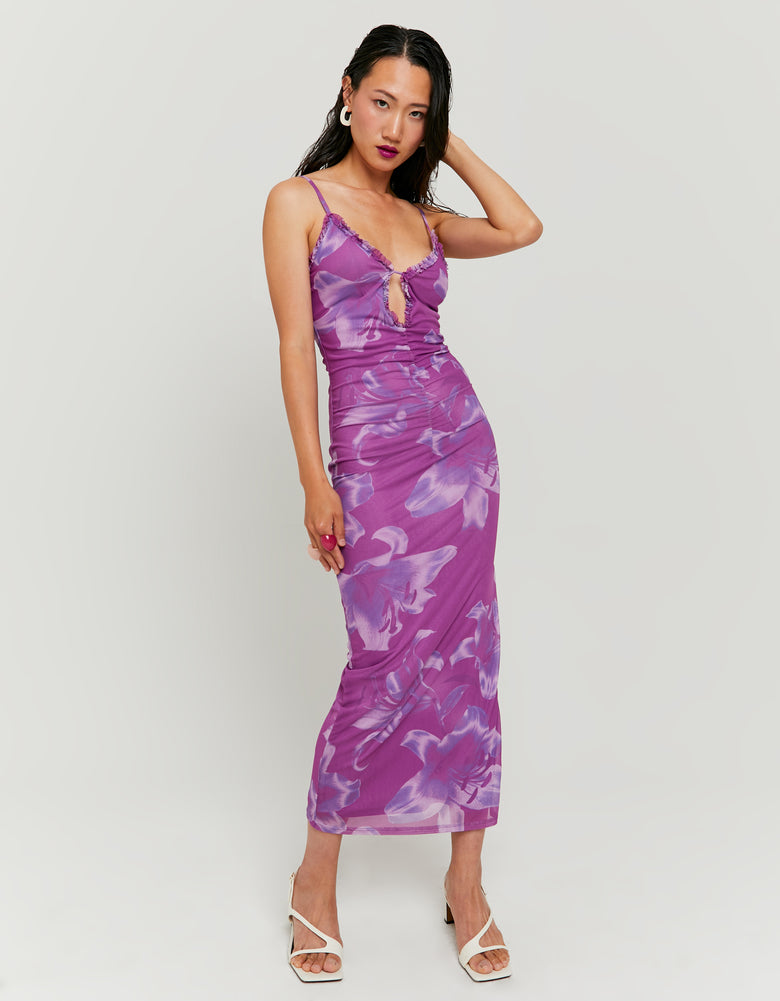 Ladies Purple Midi Dress with Flower Print-Model Full Front View