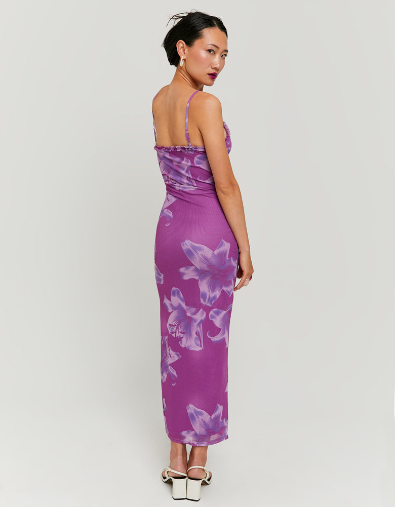 Ladies Purple Midi Dress with Flower Print-Model Back View
