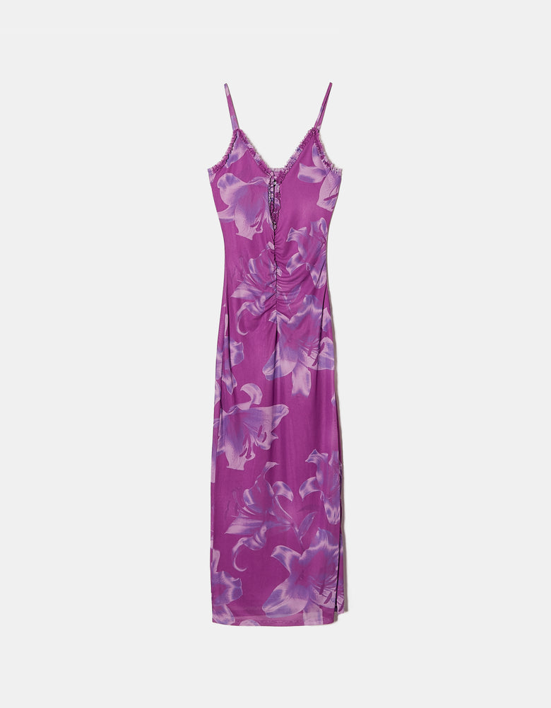 Ladies Purple Midi Dress with Flower Print-Ghost Front View of the Dress