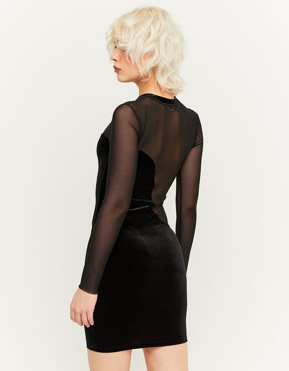 Ladies Mini Dress in Black Velvet-Model Back View