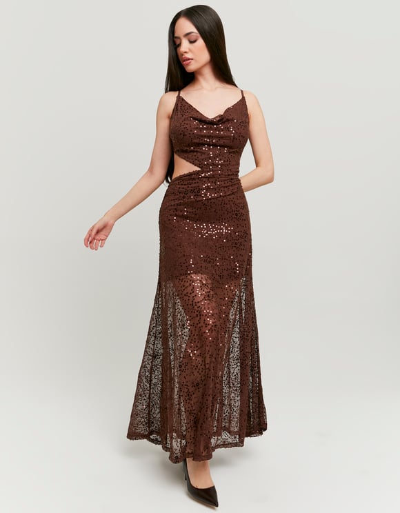 Tally Weijl Brown Sequined Maxi Dress, front view on model