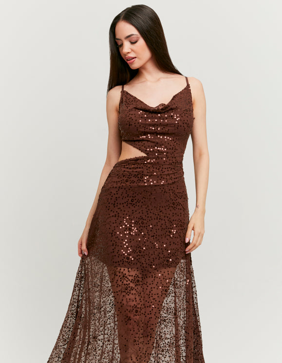 Tally Weijl Brown Sequined Maxi Dress, closer view on model