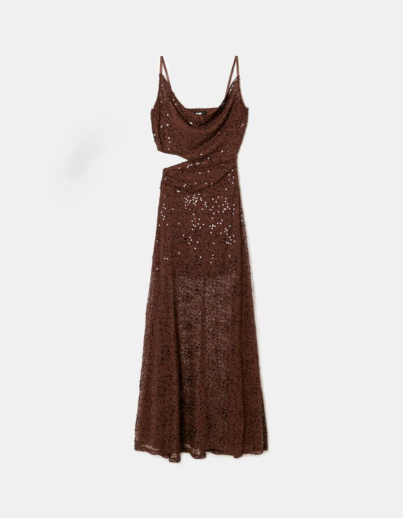 Tally Weijl Brown Sequined Maxi Dress, front flat lay view