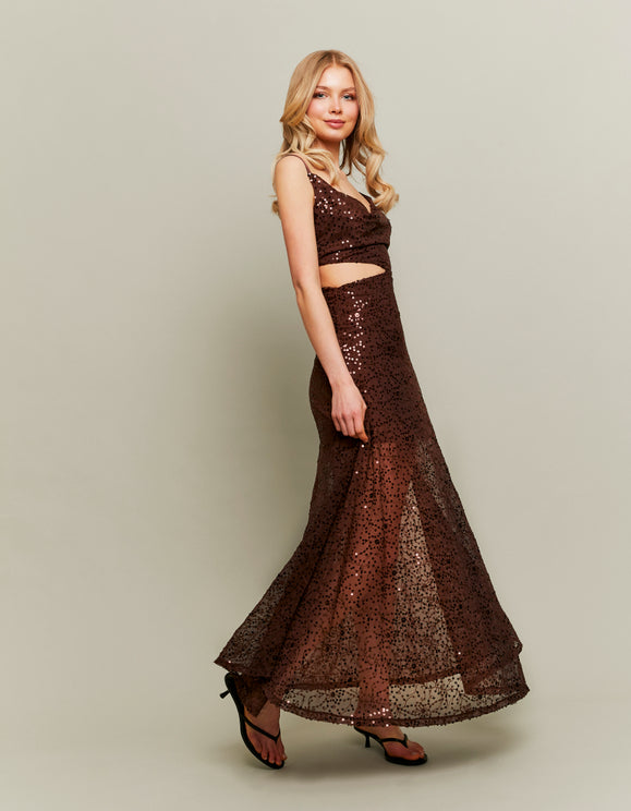 Tally Weijl Brown Sequined Maxi Dress, side view 
