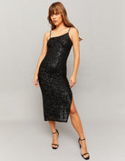 Tally Weijl Black Sequins Midi Dress With Slit BLACK front view