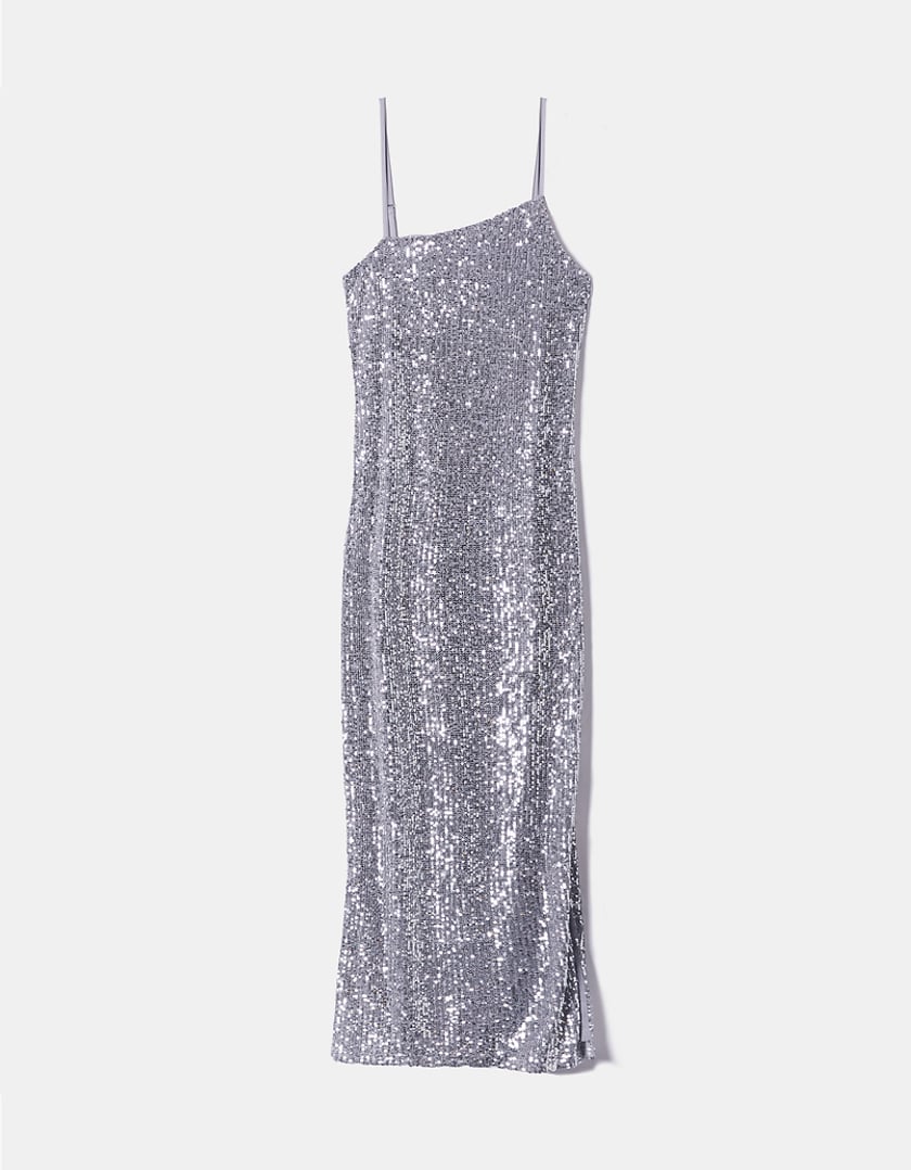 Ladies Silver Sequins Midi Dress With Slit-Front View