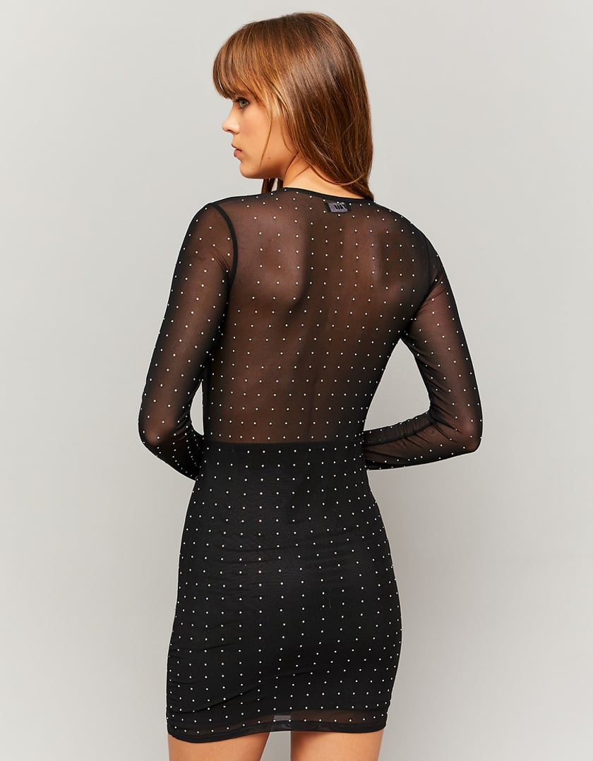 Ladies Black Mesh Mini Dress With Strass-Model Back View