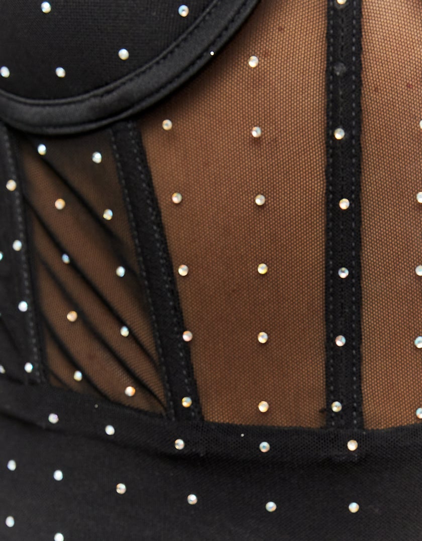 Ladies Black Mesh Mini Dress With Strass-Close Up View