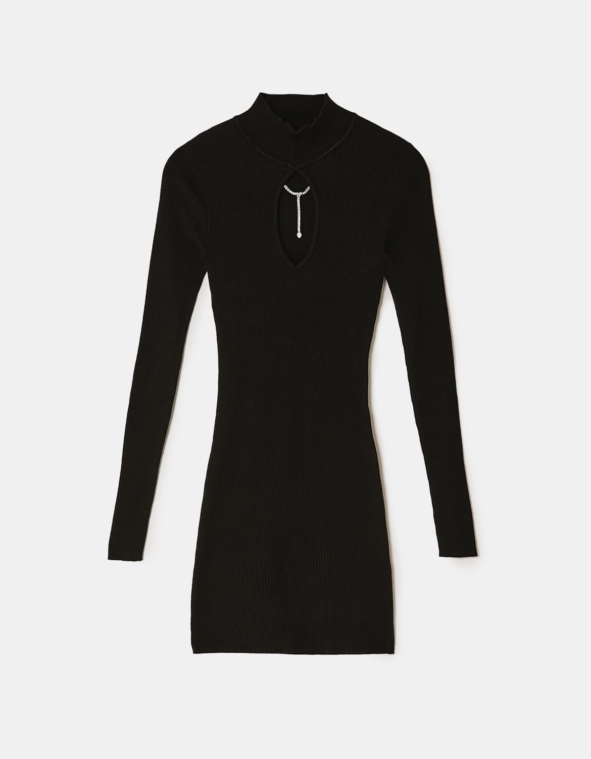 Ladies Black Rhinestone Cut-Out Knit Mini Dress-Ghost Front View