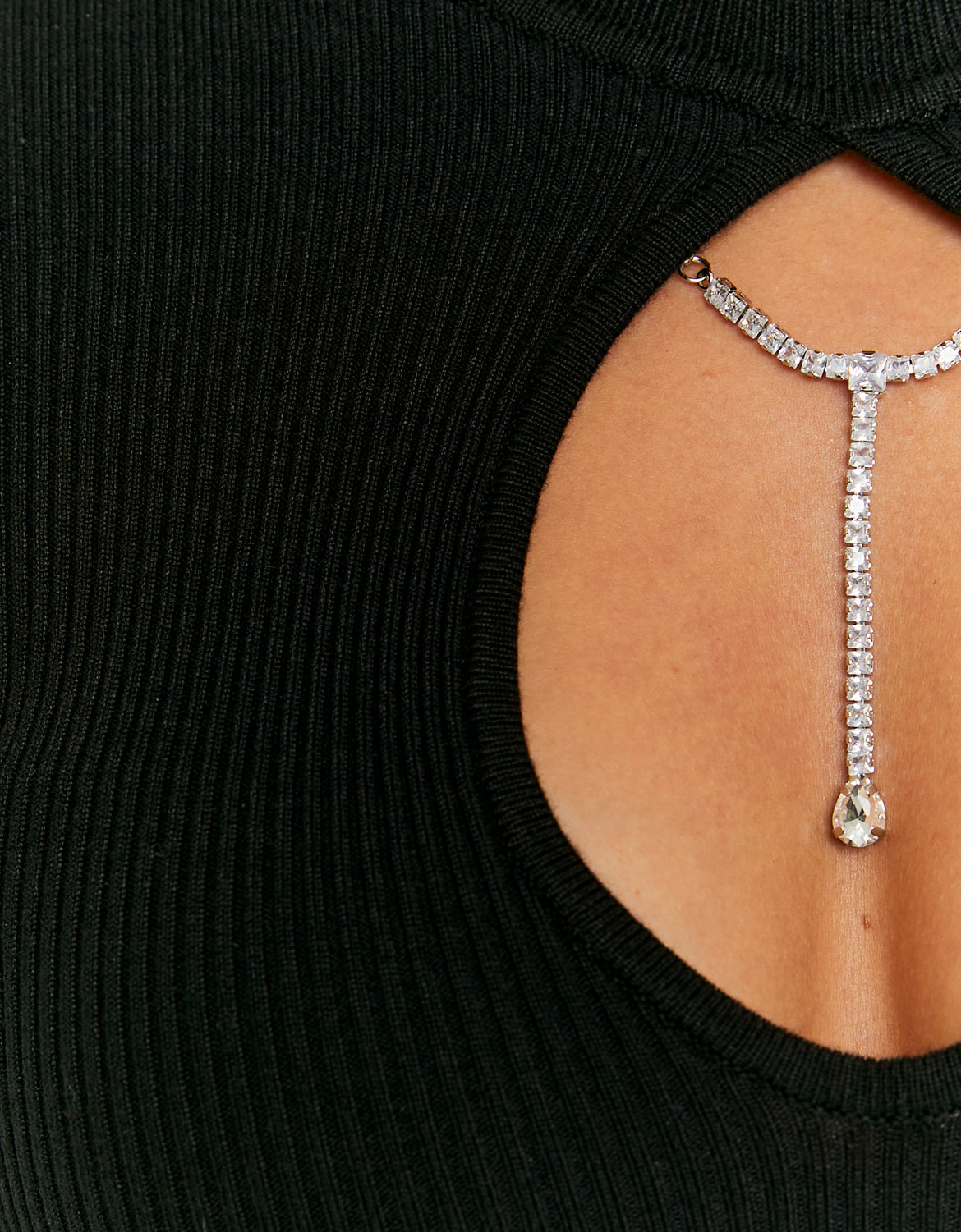 Ladies Black Rhinestone Cut-Out Knit Mini Dress-Rhinestone & Cut Out View