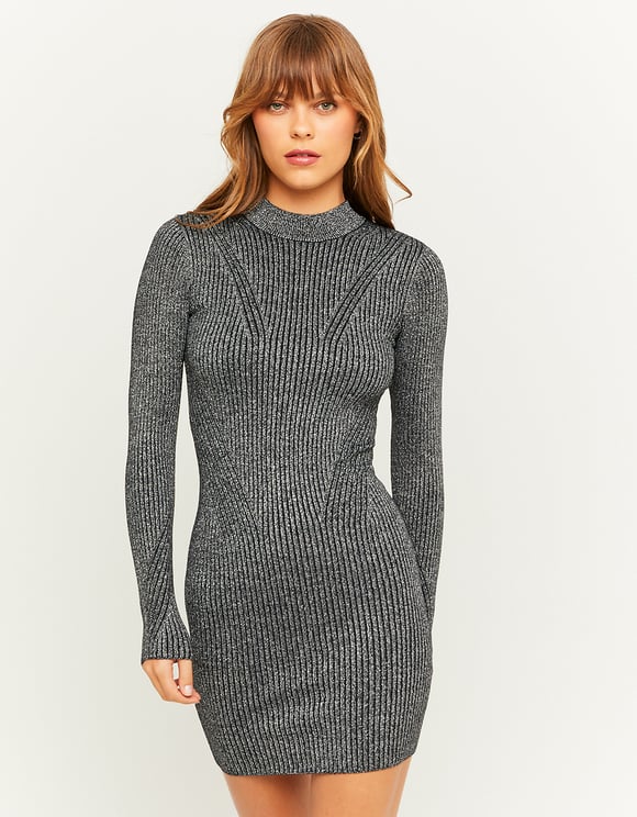 Ladies Black/Grey Knitted Mini Dress-Model Front View