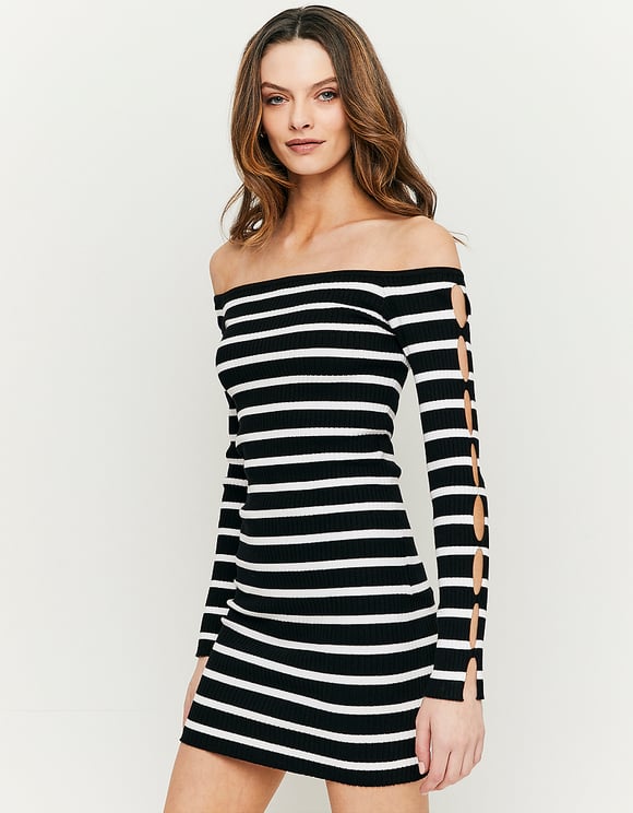 Black and white stripped knit dress model front view