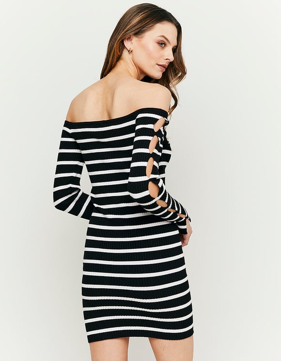 Black and white stripped knit dress model rear view