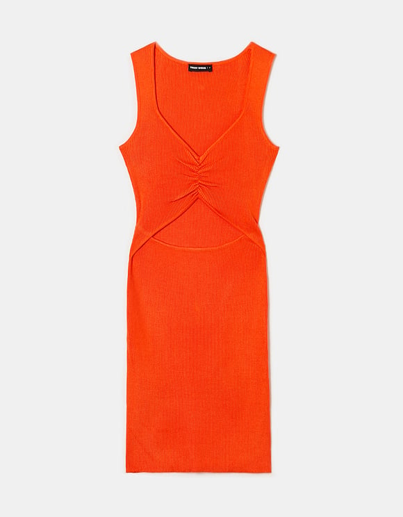 Ladies Cut Out Knitted Orange Mini Dress-Ghost Front View
