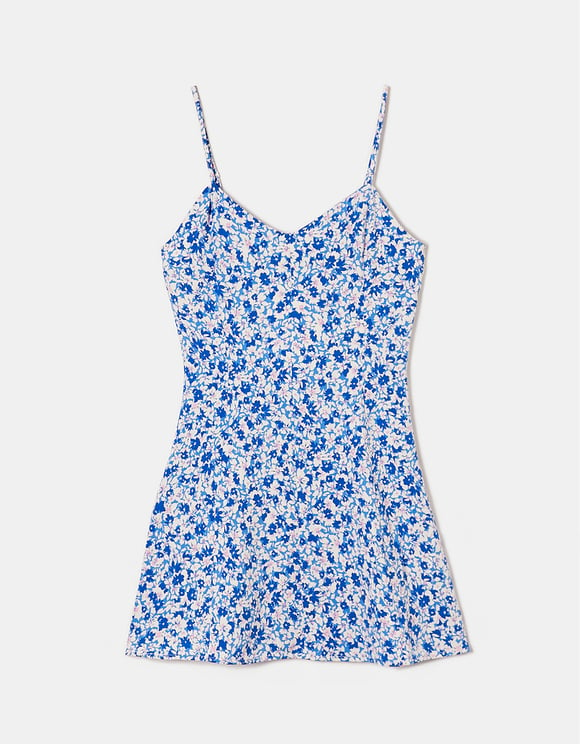 Ladies Floral Blue Mini Dress-Ghost Front View