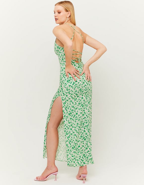 Ladies Light Long Floral Green Dress-Model Back View