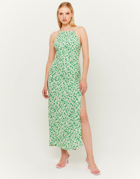 Ladies Light Long Floral Green Dress-Model Front View