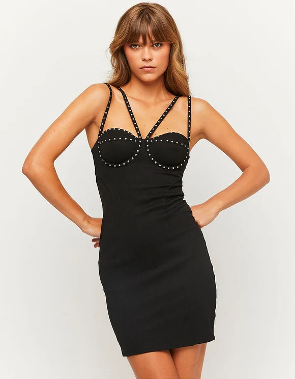 Ladies Black Mini Dress With Rhinestones-Front View
