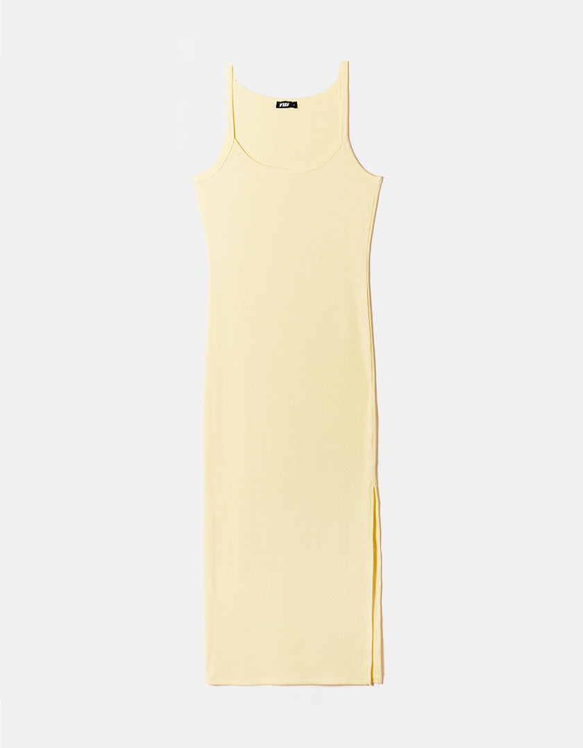 Ladies Yellow Basic Midi Dress With Side Slit-Front View