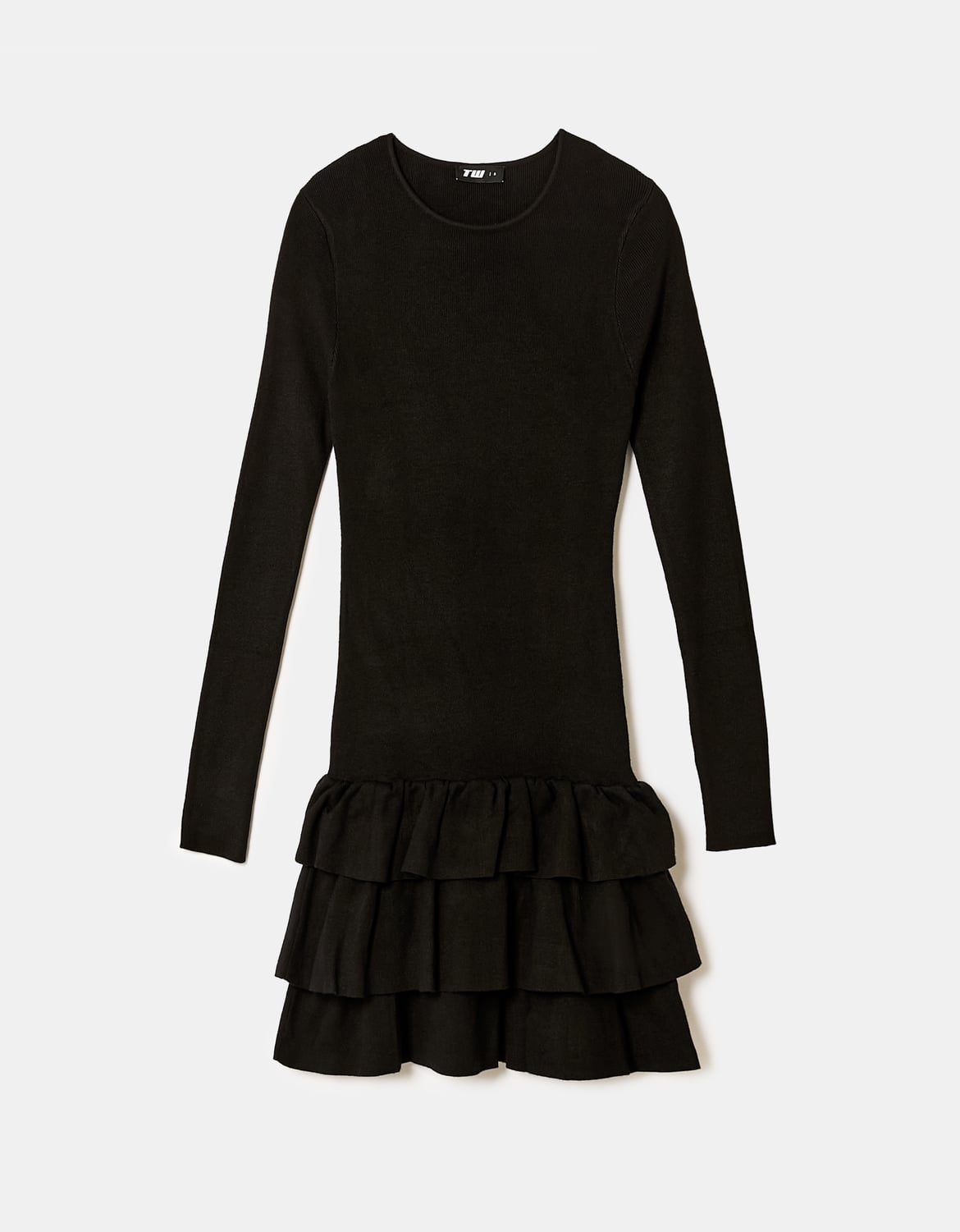 Ladies Black Knitted Mini Dress With Ruffles-Ghost Front View