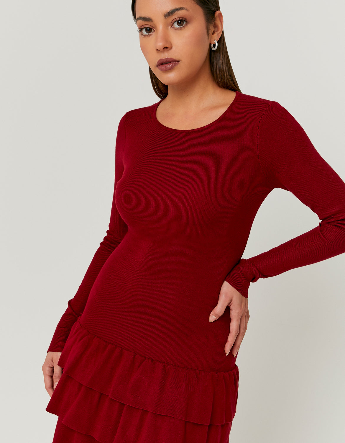 Ladies Red Knitted Mini Dress With Ruffles-Side View