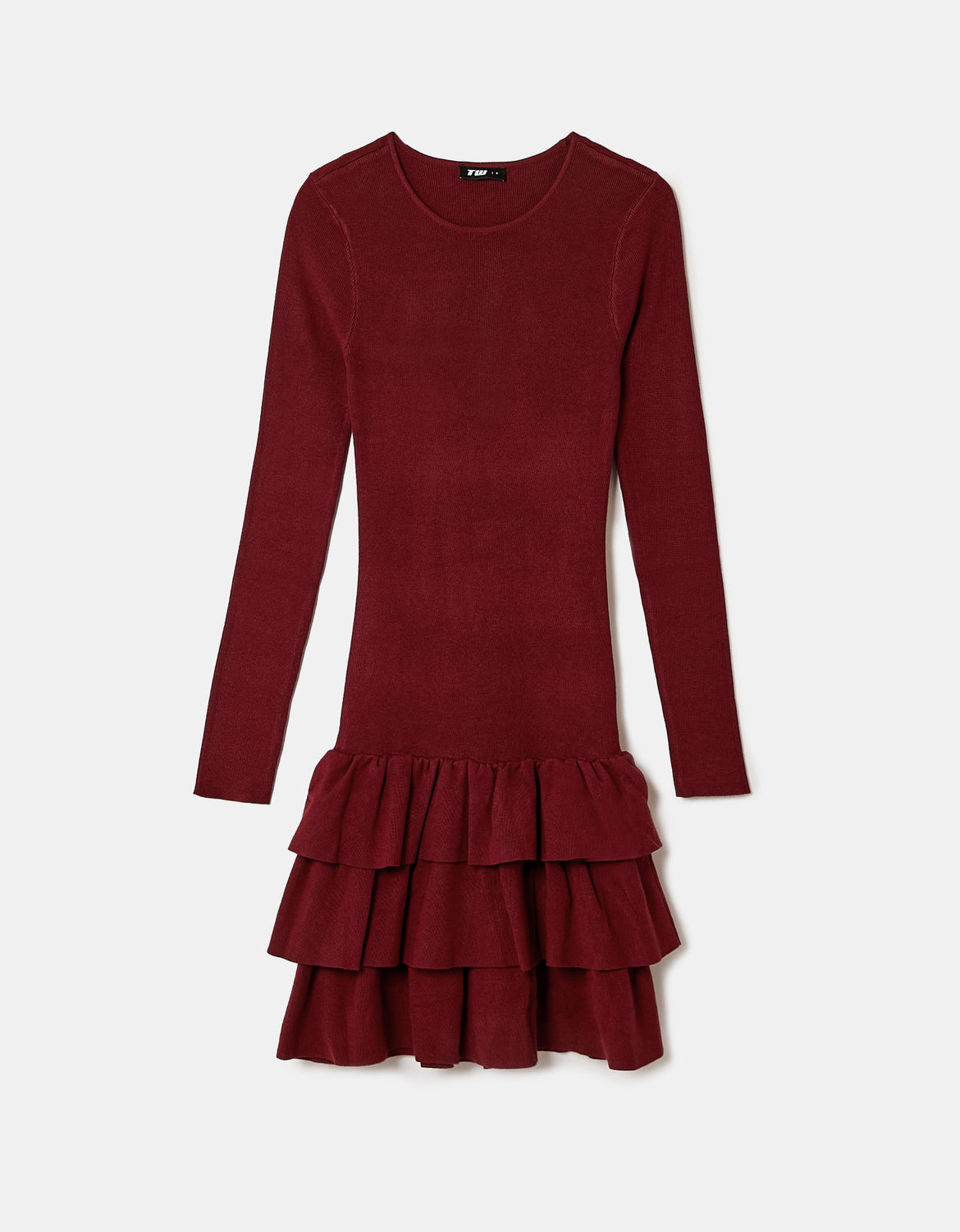 Ladies Red Knitted Mini Dress With Ruffles-Ghost Front View