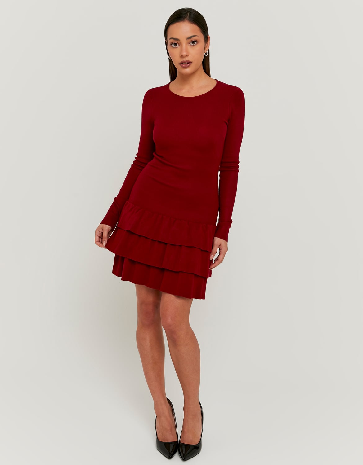 Tally Weijl Red Knitted Mini Dress With Ruffles RED model front view