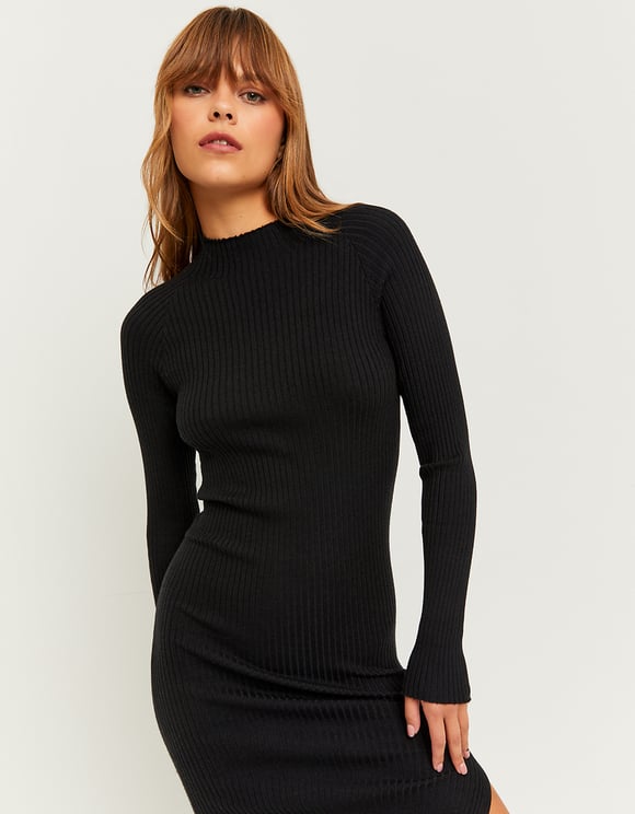 Ladies Black Ribbed Knit Midi Dress-Close Up Of Front View