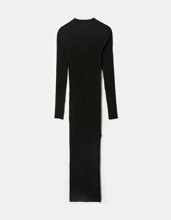 Ladies Black Ribbed Knit Midi Dress-Front View