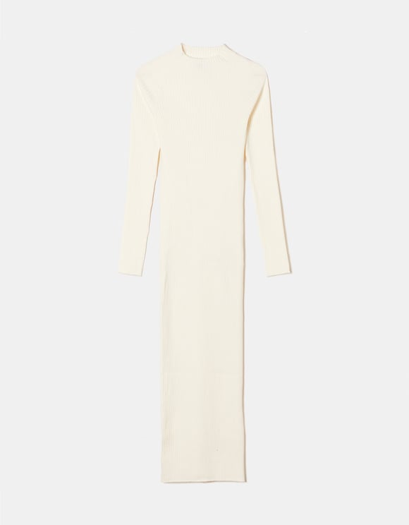 Ladies White Ribbed Knit Midi Dress-Front View