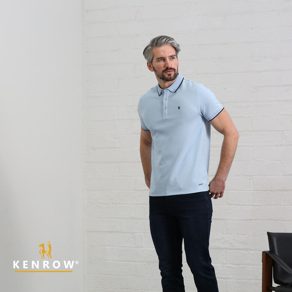 Kenrow Shay sky polo shirt worn by model, angled front view