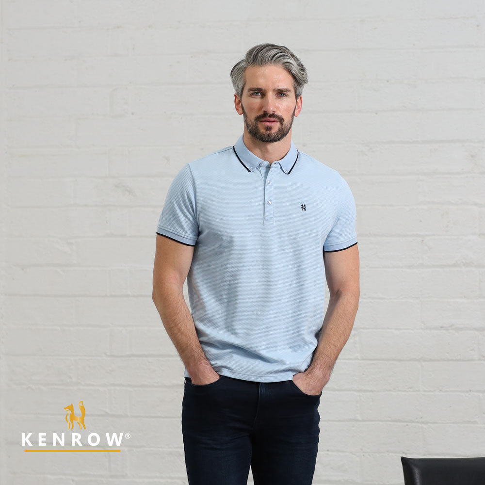 Kenrow Shay sky polo shirt worn by model, front view