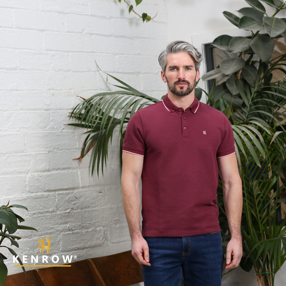 Kenrow Shay wine textured polo shirt worn by model, front view