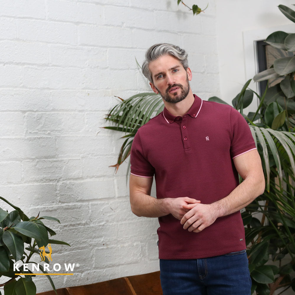 Kenrow Shay wine textured polo shirt worn by model, angled front view