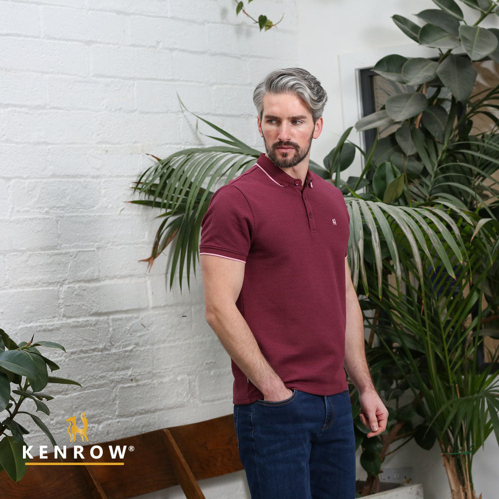 Kenrow Shay wine textured polo shirt worn by model, side front view