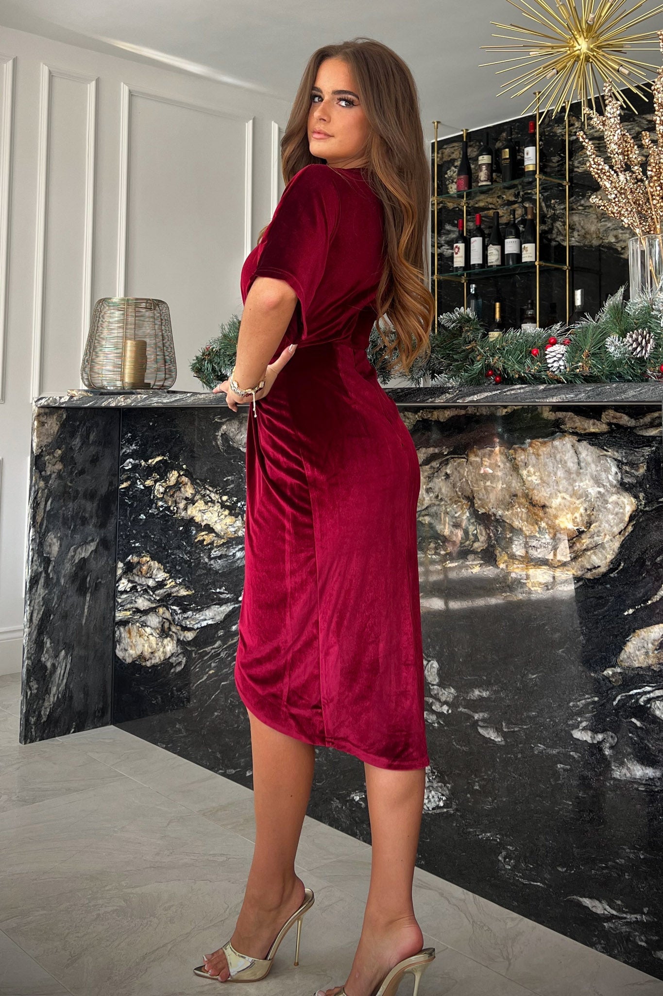 Siena Wine Velvet Midi Dress-Side view