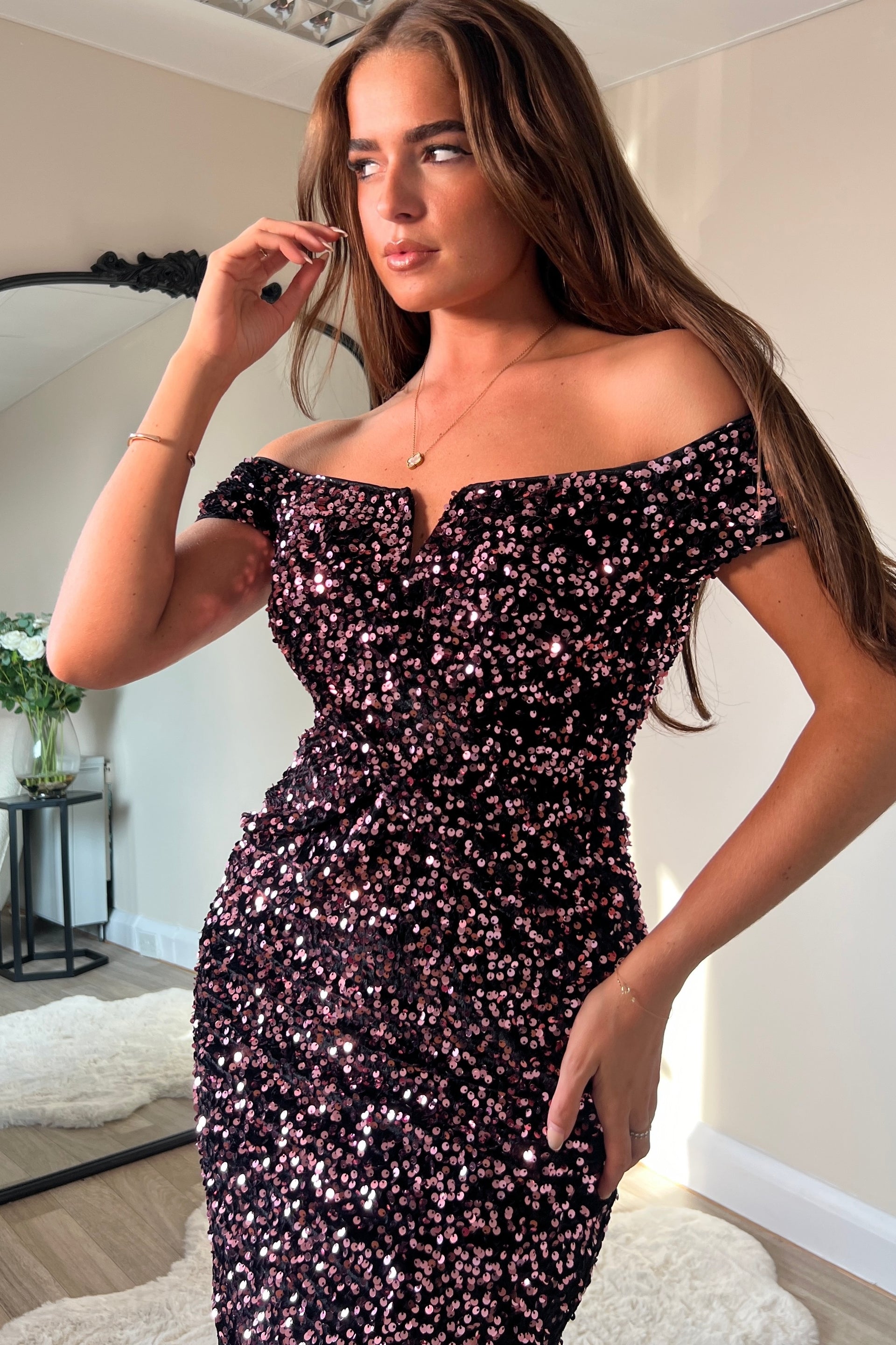 Girl In Mind Halo Velvet Sequin Off the Shoulder Rose Gold Midi Twist Detail Dress ROSE GOLD back view