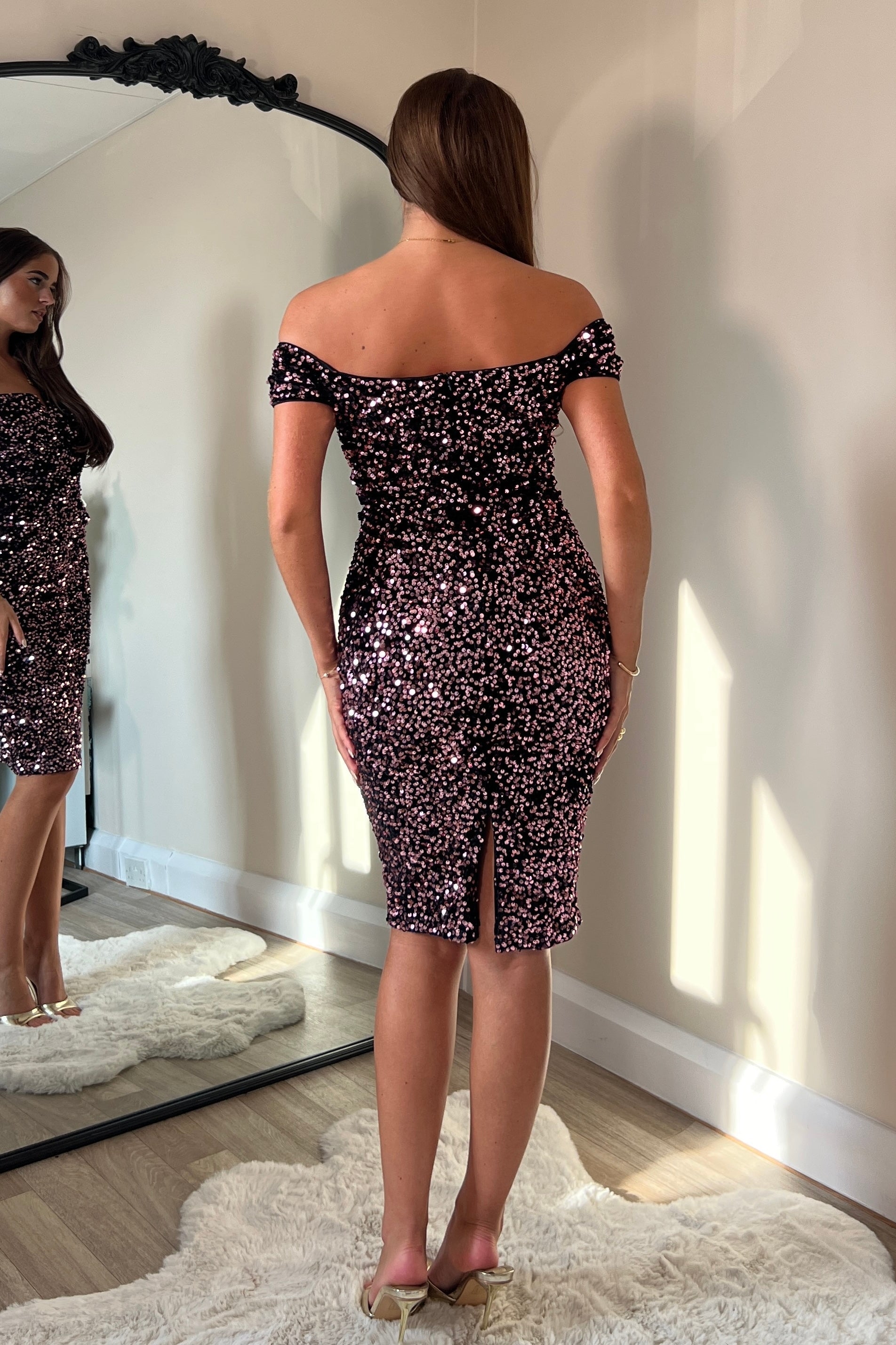 Ladies Halo Velvet Sequin Off the Shoulder Rose Gold Midi Twist Detail Dress-Model Back View