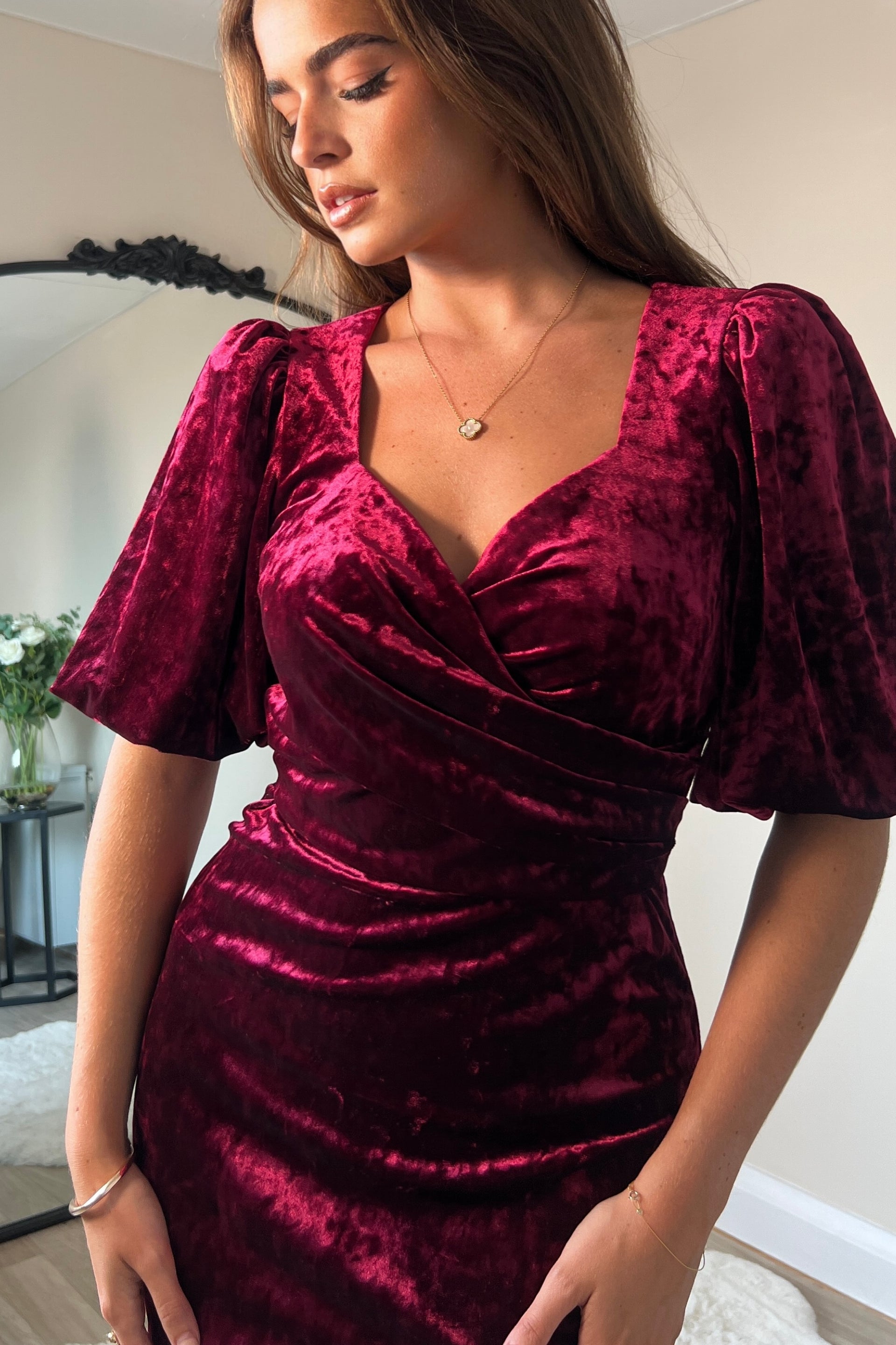 Ladies Harbor Wine Crushed Velvet Wrap Detail Midi Dress-Closer View