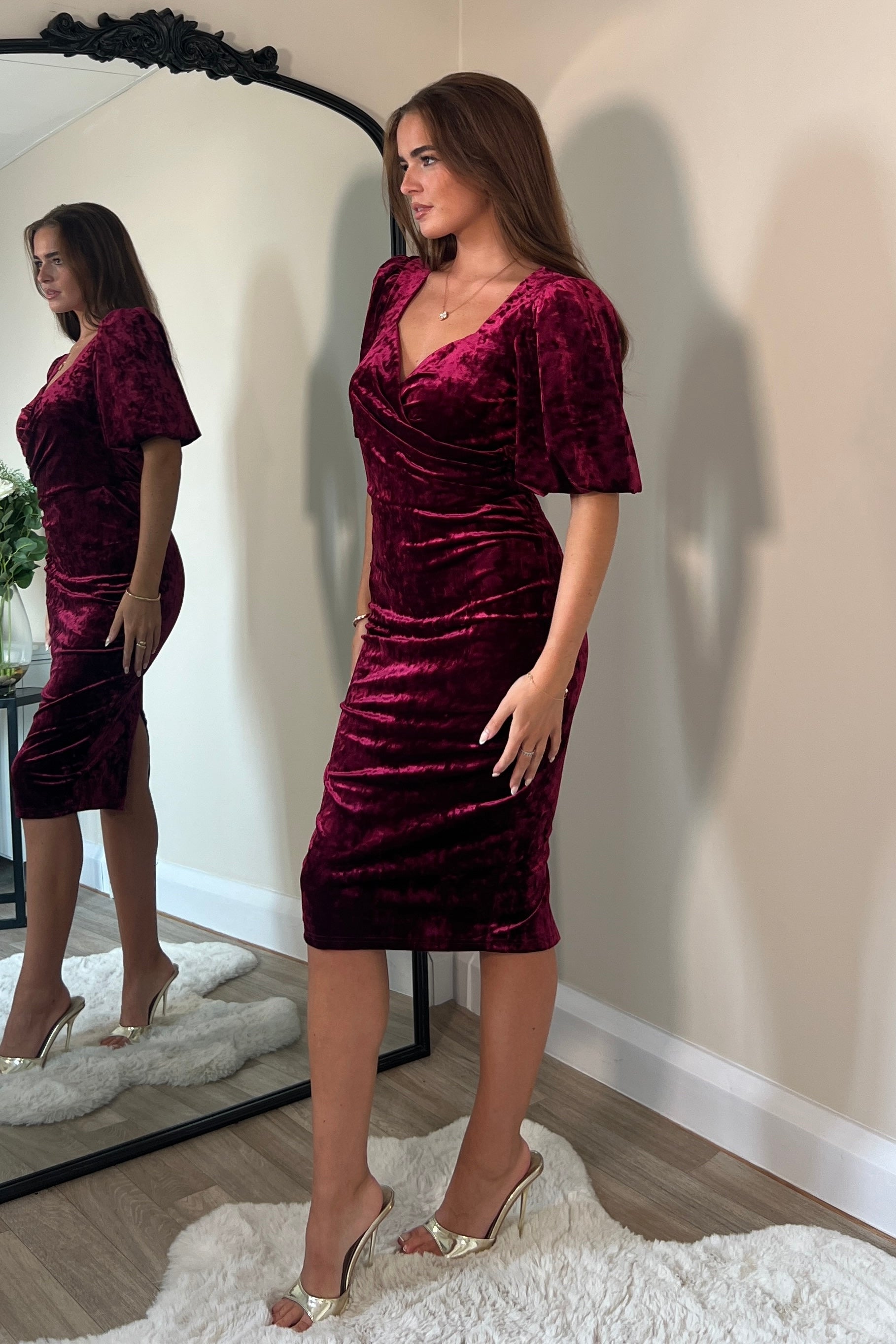 Ladies Harbor Wine Crushed Velvet Wrap Detail Midi Dress-Side View