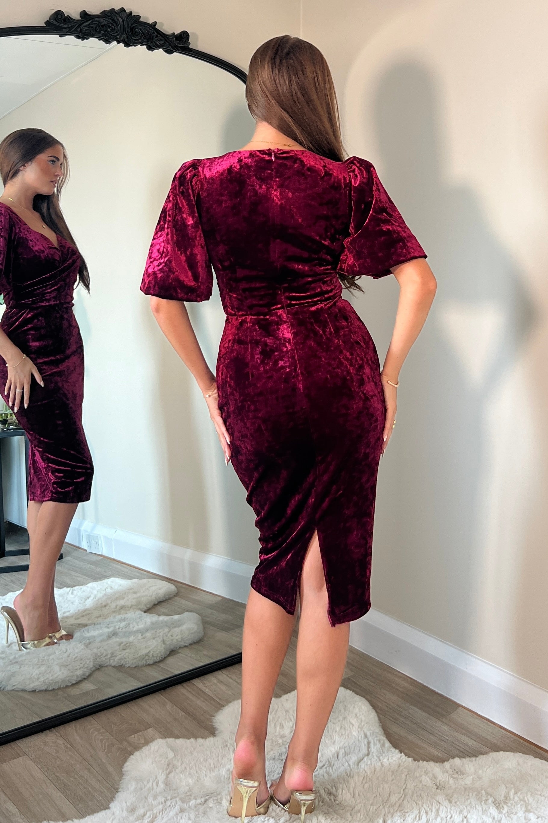 Ladies Harbor Wine Crushed Velvet Wrap Detail Midi Dress-Back View