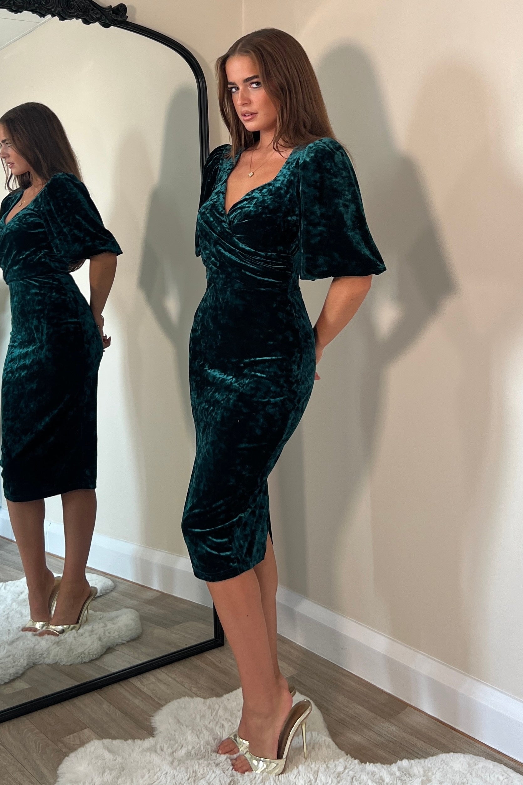 Ladies Harbor Green Crushed Velvet Wrap Detail Midi Dress-Side View