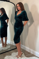 Girl In Mind Harbor Green Crushed Velvet Wrap Detail Midi Dress Green detail view