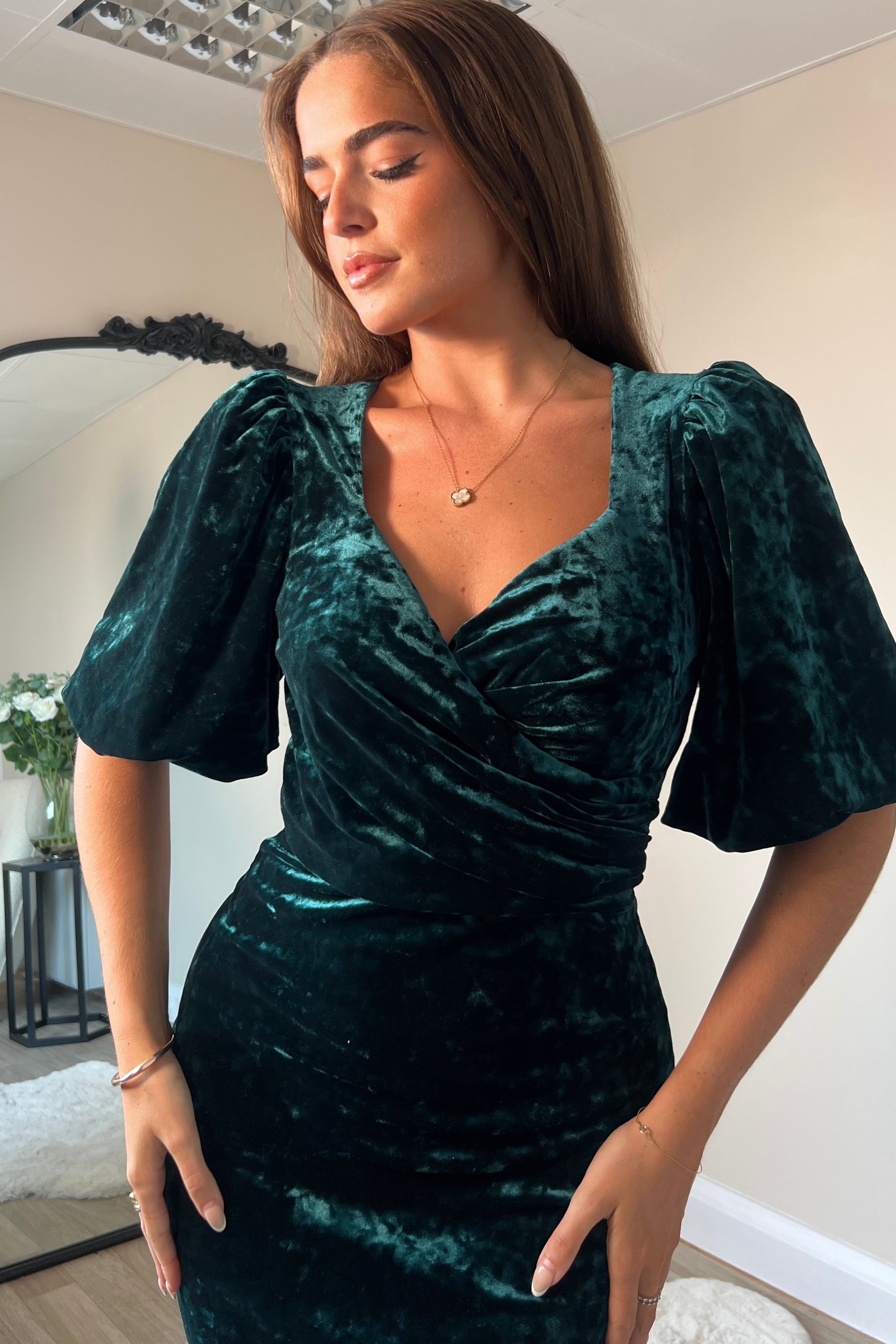 Girl In Mind Harbor Green Crushed Velvet Wrap Detail Midi Dress Green model front view