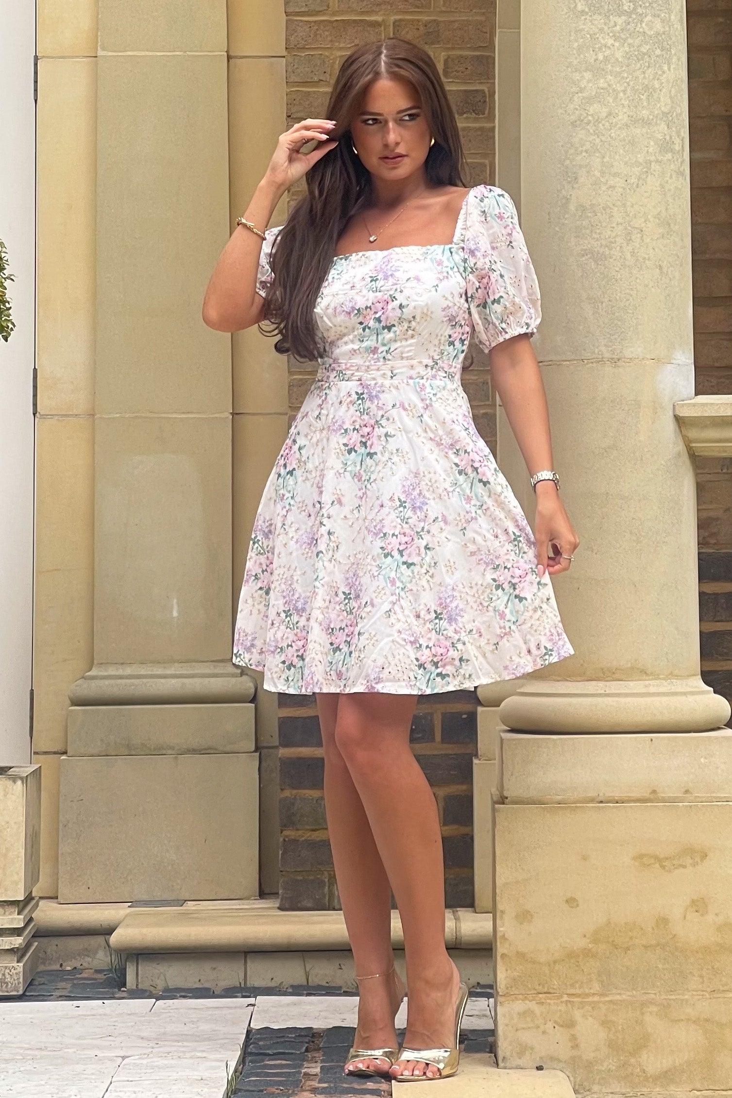 Ladies Hallie Cream Floral Broderie Mini Dress-Model Front View