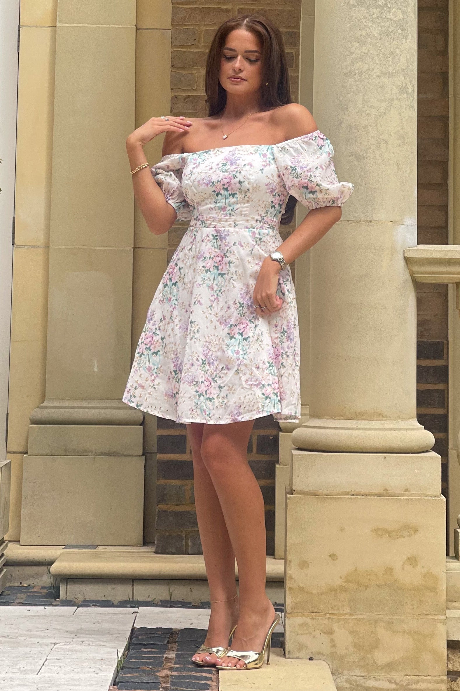 Ladies Hallie Cream Floral Broderie Mini Dress-Off the Shoulder View