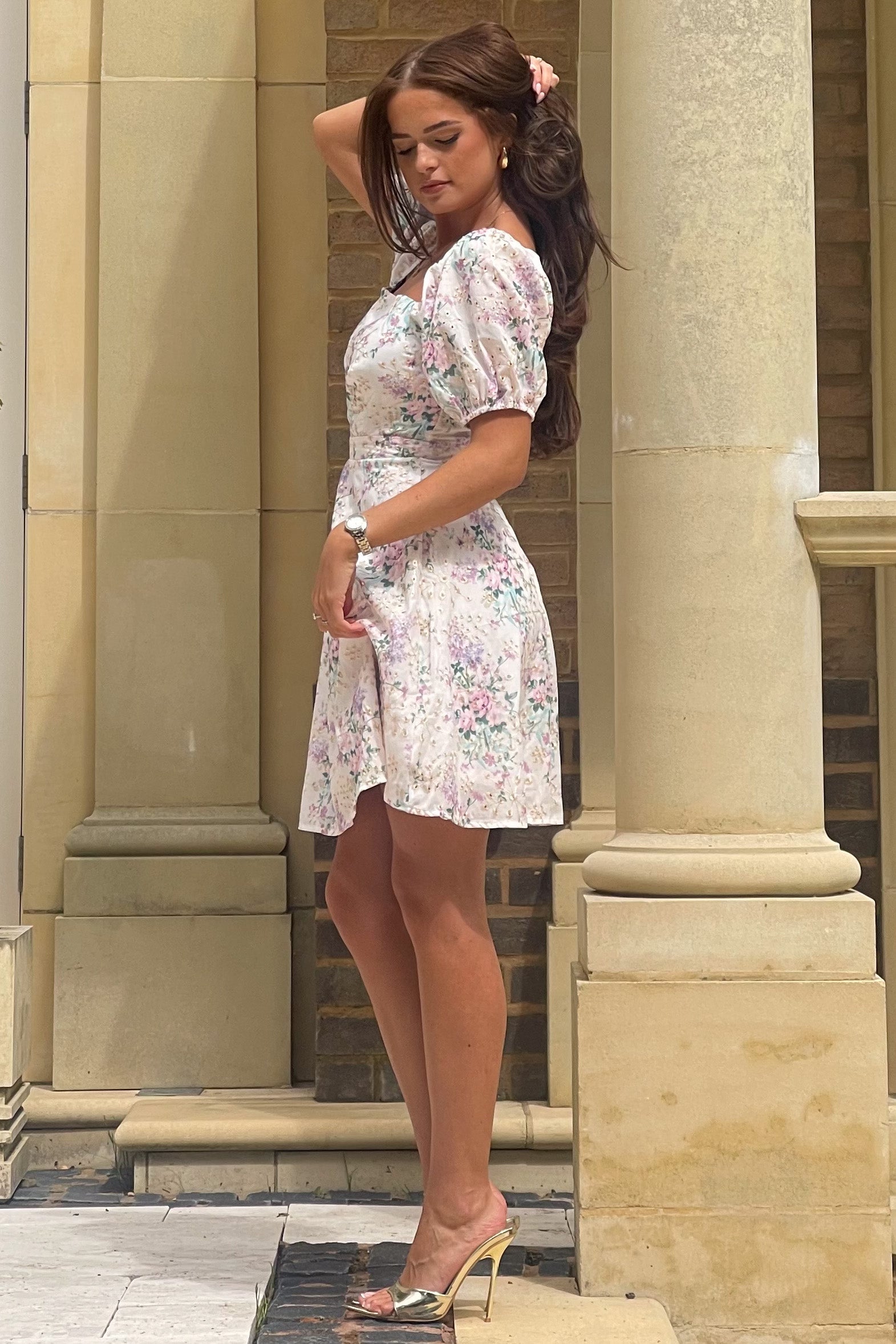 Ladies Hallie Cream Floral Broderie Mini Dress-Side View